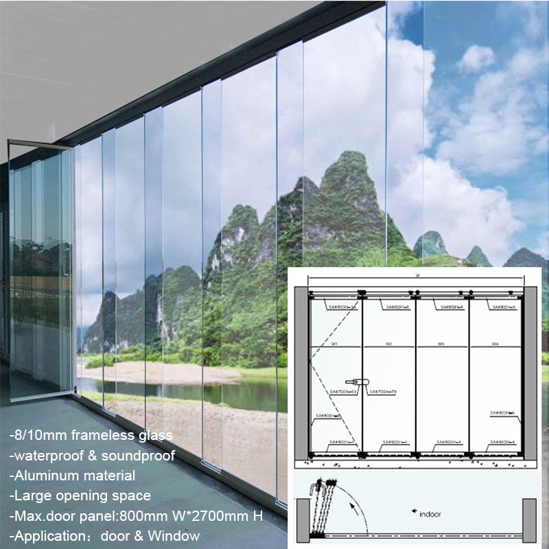 Balcony Sliding Partition Door External Patio Large 10mm Frameless Glass Folding Door Residential Stack Glass Bifold Door Window
