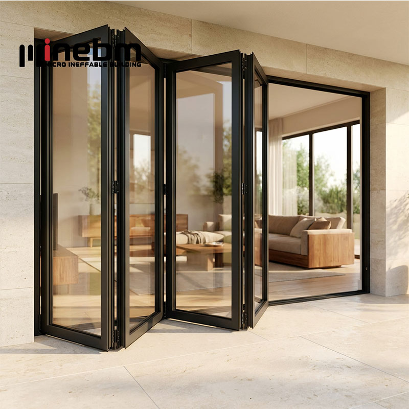 Modern Exterior Foldable Bi-Folding Glass Door with Aluminum Frame Waterproof Fiberglass Screen