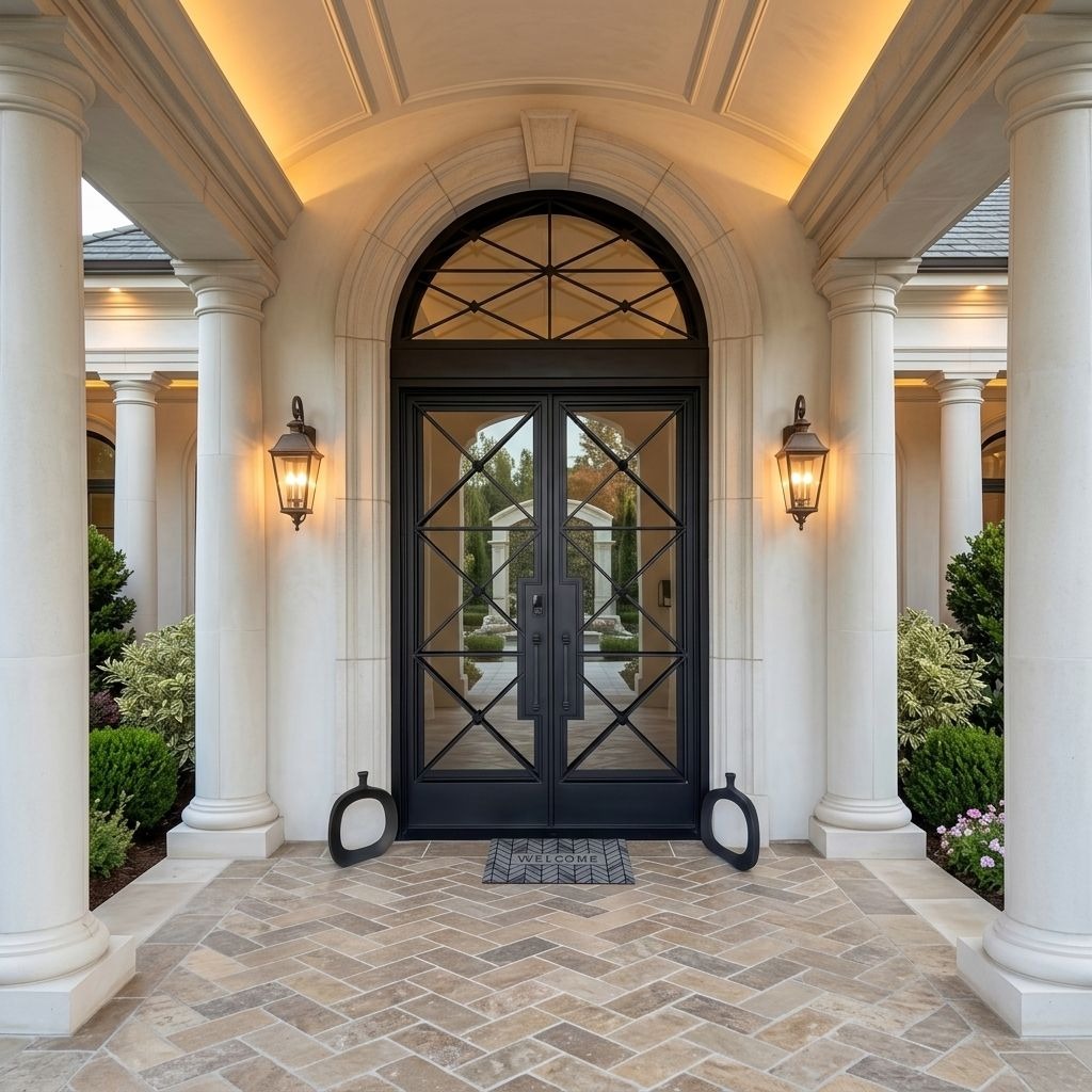 Round Top Tempered Glass Security Double Door
