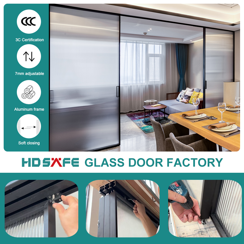 HDSAFE Slim Frame 8mm Glass Door Interior Factory Price Villa Hotel Project Black Telescopic Soft Closing Aluminum Sliding Door