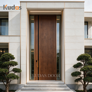 Luxury Extra Tall Vertical Fluted Walnut Cast Aluminum Front Entry Door Exterior Pivot Security Entrance Main Door for Villa