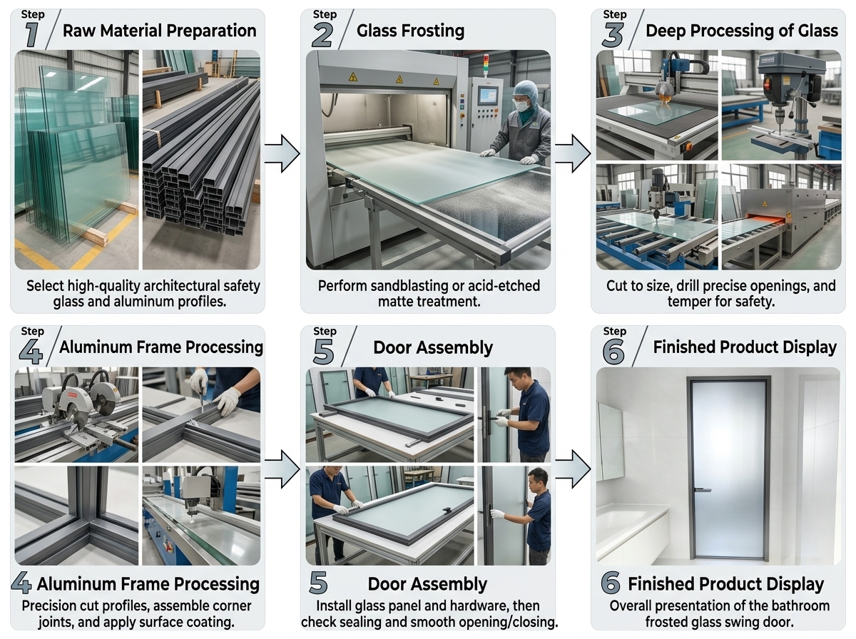 Aluminum Alloy Glass Flat Door with Minimalist Design Side Opening for Interior Use in Bathroom and Laundry