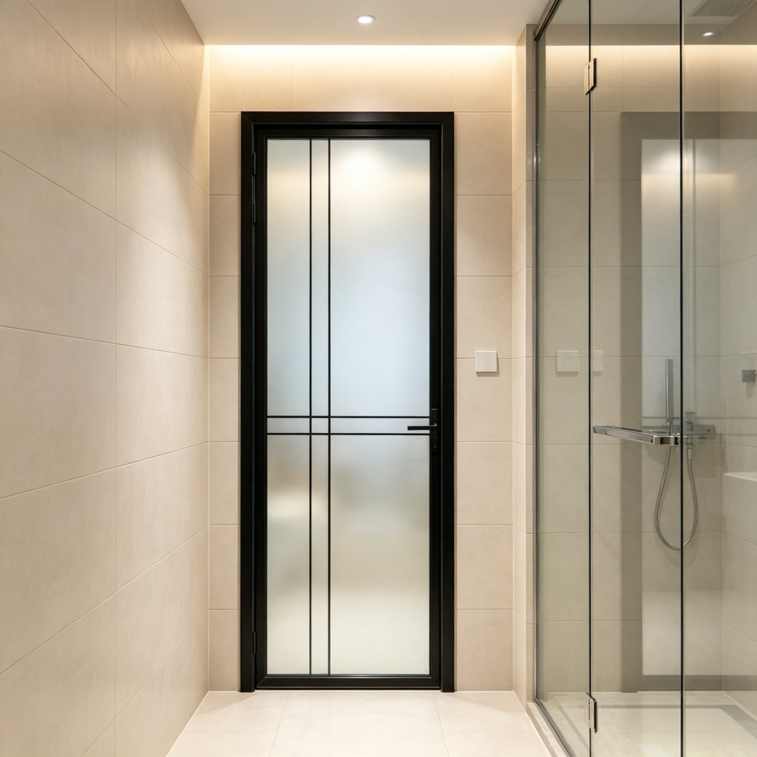 Custom Aluminum Framed Water Resistant Interior Swing Door Frosted Tempered Glass For Residential Commercial Space