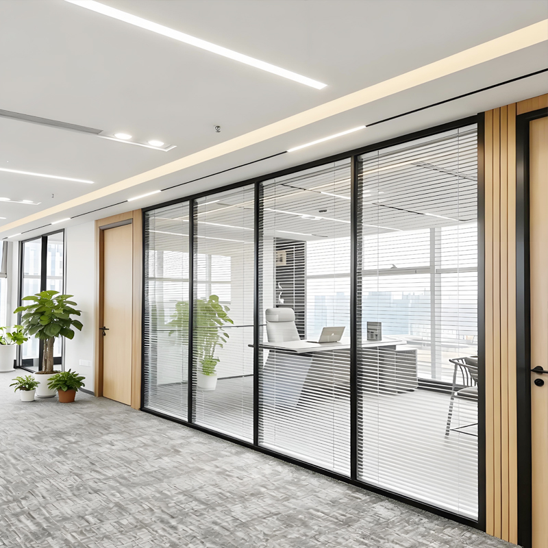 Complete Set Framed Glass Partition Wall with Built Blinds Matching Swing Glass Door Heavy Duty Thick Aluminium Profile Double
