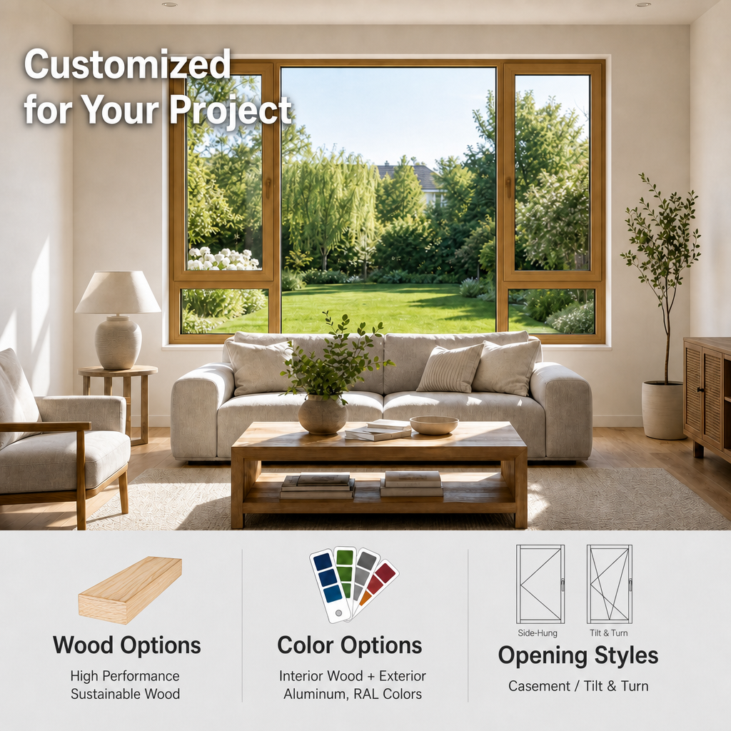 Wood Windows Aluminum Clad French Style Triple Glazed Tempered Glass German Hardware Safe and Durable for Bedroom