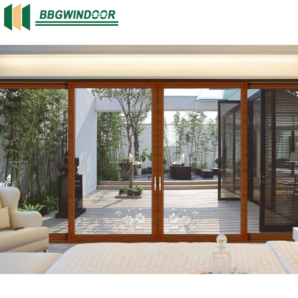 Lukliving Sliding Wooden French Doors Clad Aluminum Double Glaze Low-E Glass Energy-Saving Exterior Glass Doors for Courtyard