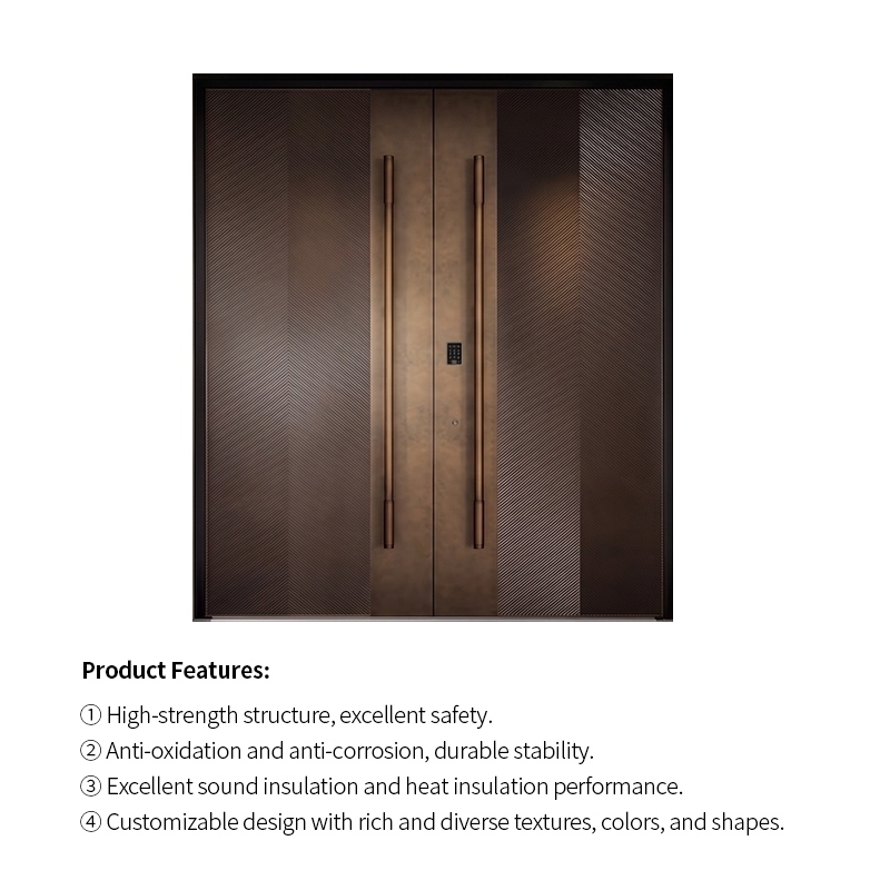 Aluminum Front Entry Door Brown Bronze Textured Modern Double Door with Fingerprint Smart Lock for Villa Entrance