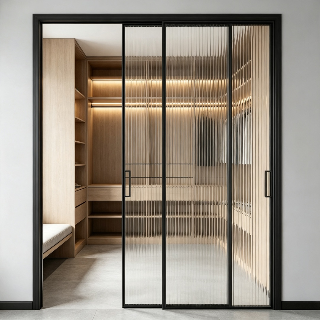 Factory Custom Three Linkage Sliding Door Aluminum Alloy Reeded Tempered Glass Indoor Partition Door For Kitchen Balcony Villa