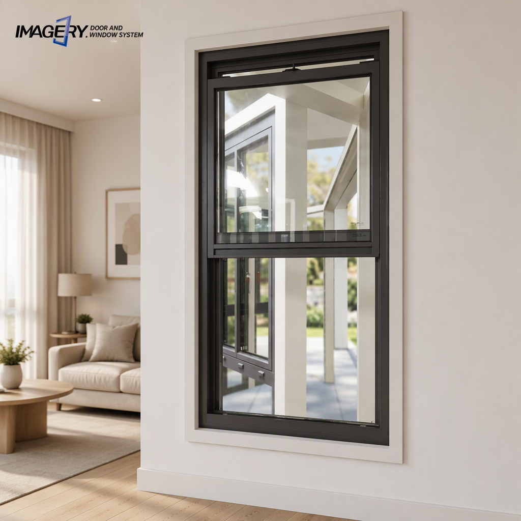 Modern Aluminum Single Hung Window Sliding Vertical Opening Tempered Glass Powder Coated Waterproof for Home Building