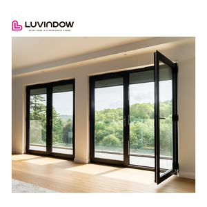 Luvindow Aluminum French Design Mother and Son Double Open Door Modern Front Hinged Main Entrance Door with Grille Design