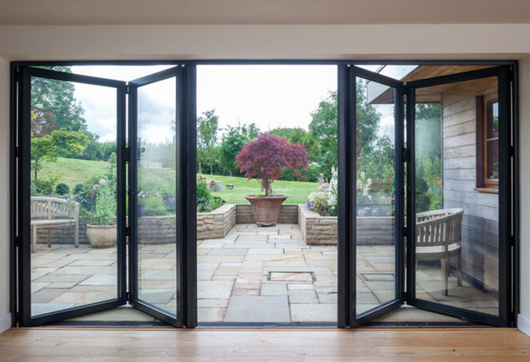 Modern Aluminum Sliding Bifold Doors Double Glazing Tempered Glass Germany Kerssenberg Hardware Black Finish 5 Year Courtyard