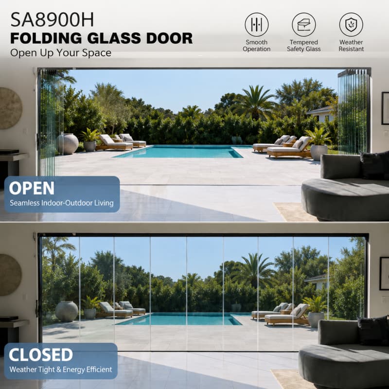 Modern Aluminum Folding Glass Door System Frameless Bifold Door for Balcony &amp; Sunroom