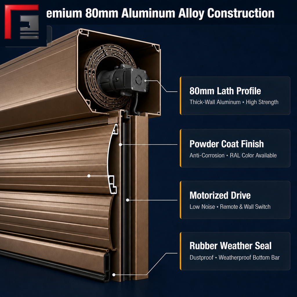 80mm Aluminium Roller Shutter Door Electric Rolling Shutter Low Headroom Compact Drum for Garage Retail Warehouse OEM