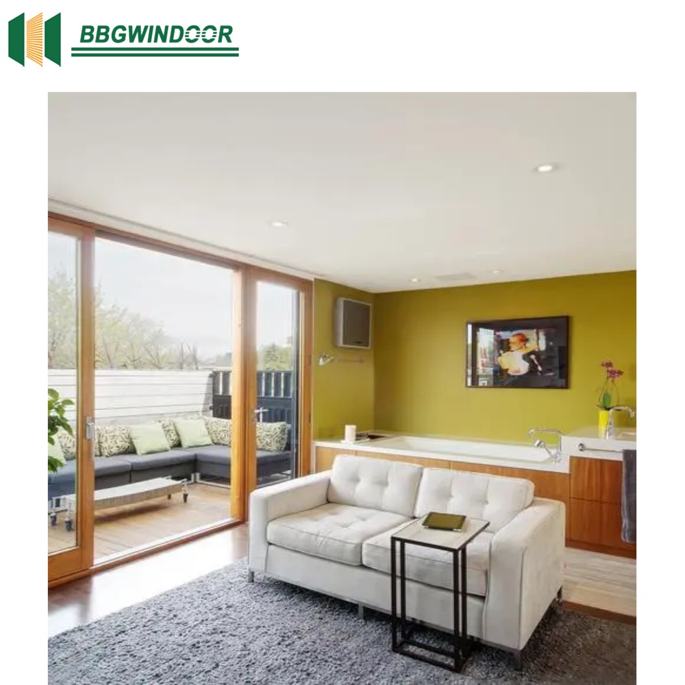 Lukliving Sliding Wooden French Doors Clad Aluminum Double Glaze Low-E Glass Energy-Saving Exterior Glass Doors for Courtyard