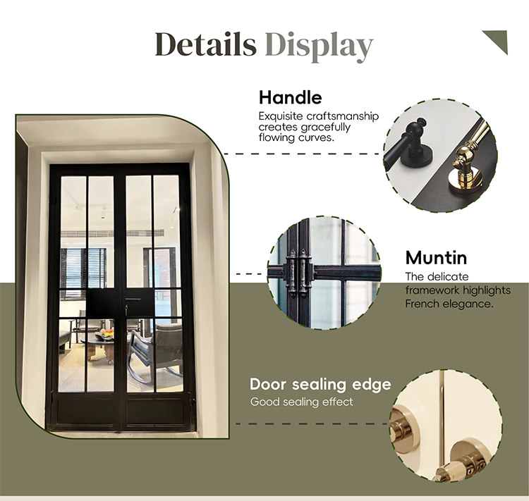 Thermal Break Black Aluminum French Casement Door Tempered Glass Grille Fiberglass Screen Interior Exterior Entry Door