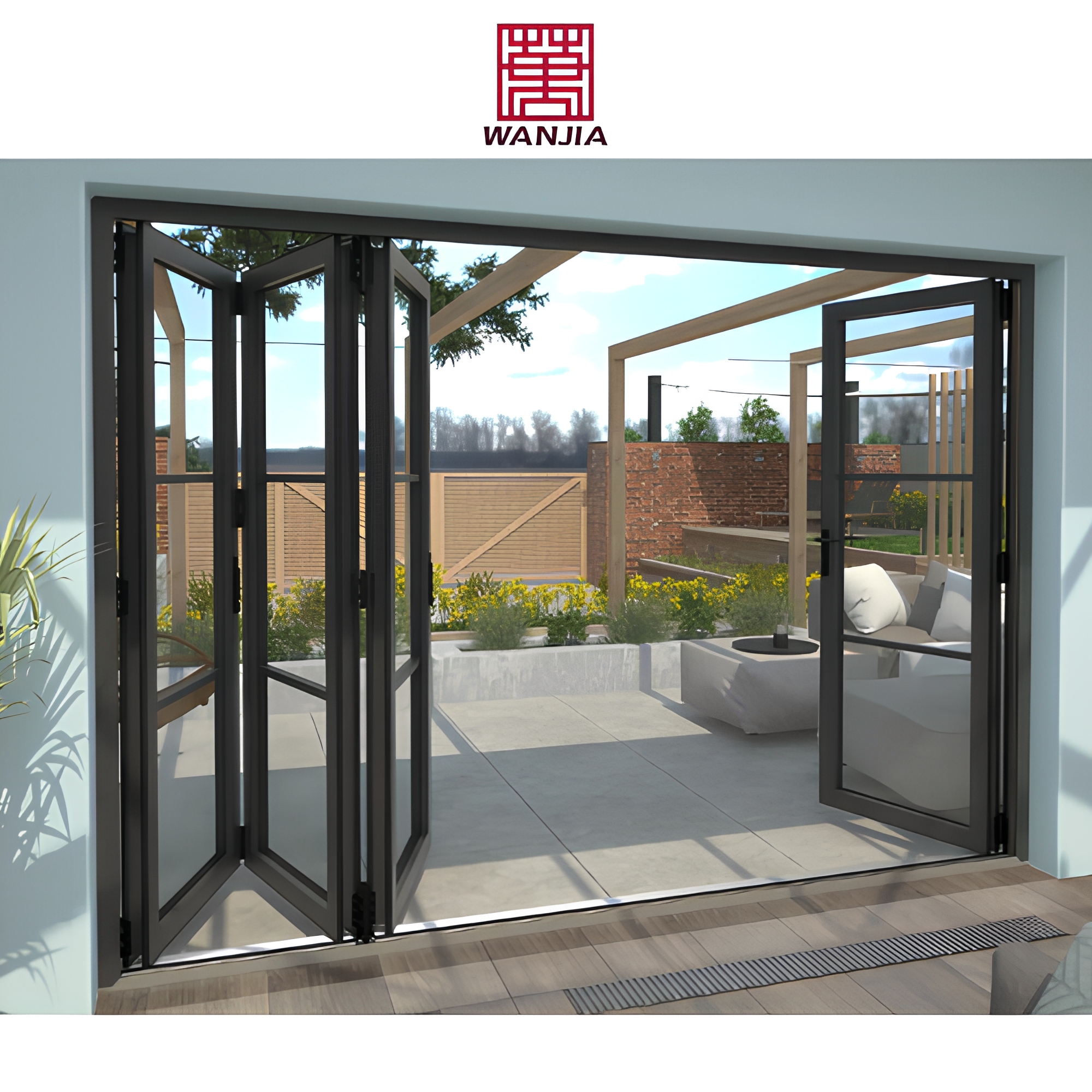 WANJIA Original Factory Double Glass Bifold Door CSA Certificated Partition Built-In Grill Design Aluminum Folding Doors