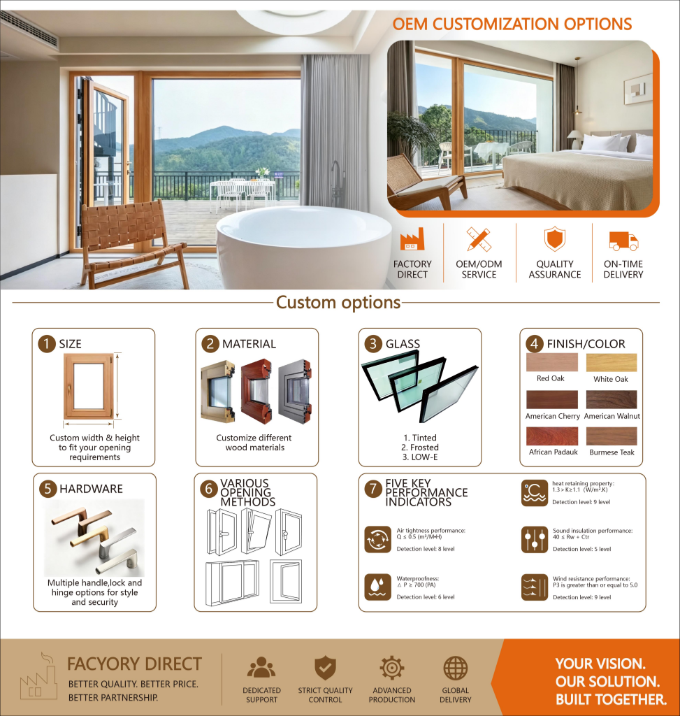 Modern Luxury Aluminum Clad Wood Casement Doors Sound Insulated Triple Glazed Solid Timber Entry Door with Hardware