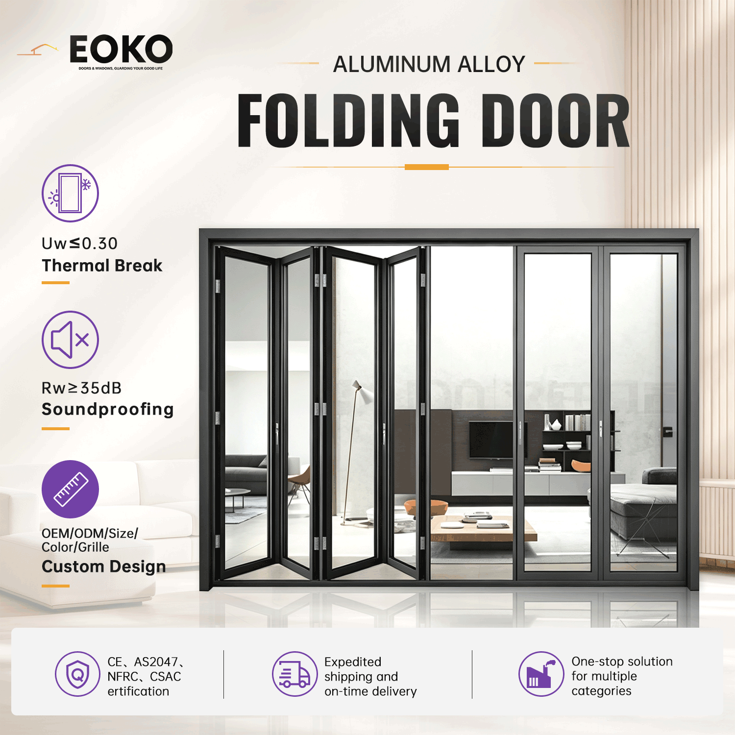 EOKO CE Certified Anthracite Aluminium Bi-fold Folding Glass Door for Timber Frame Country Cottage Renovation Rustic Home