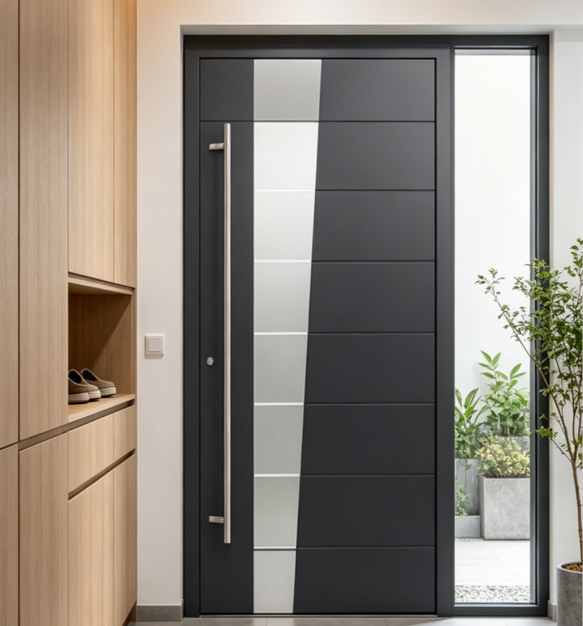 Modern Aluminum Door with Glass Inserts, Anti-Theft Security Exterior Door for Villa, Matte Grey Finish