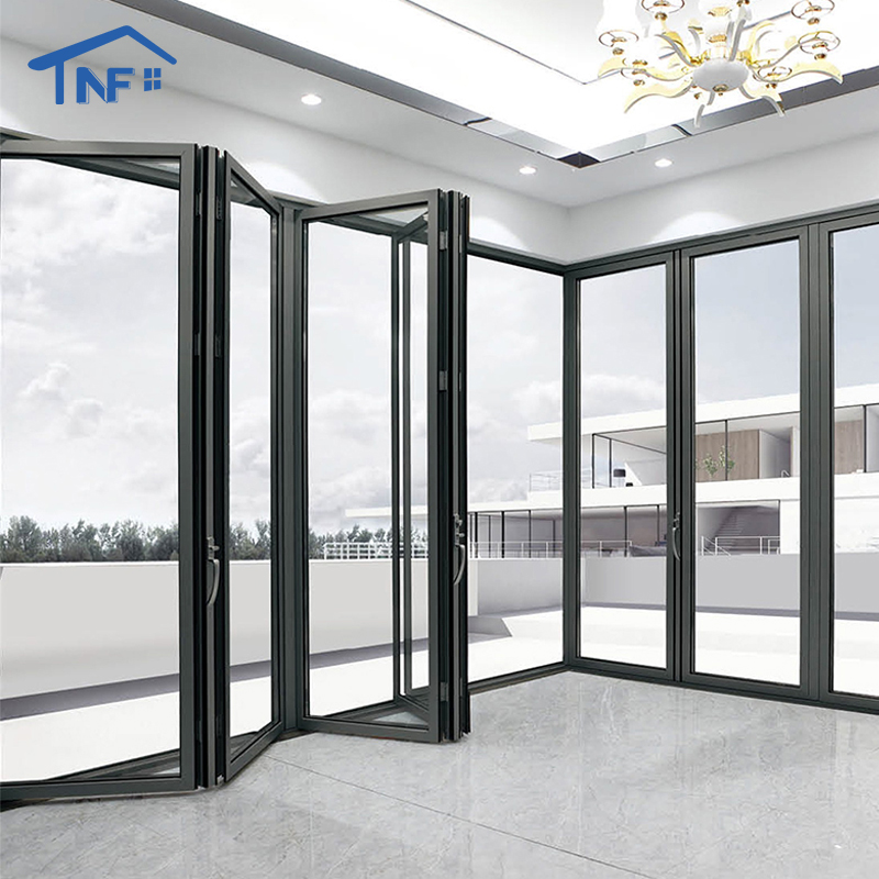 Factory Customized Frameless Aluminum Bi-fold Glass Partition Wall Panoramic Outdoor Sliding Accordion Door Modern Foldable