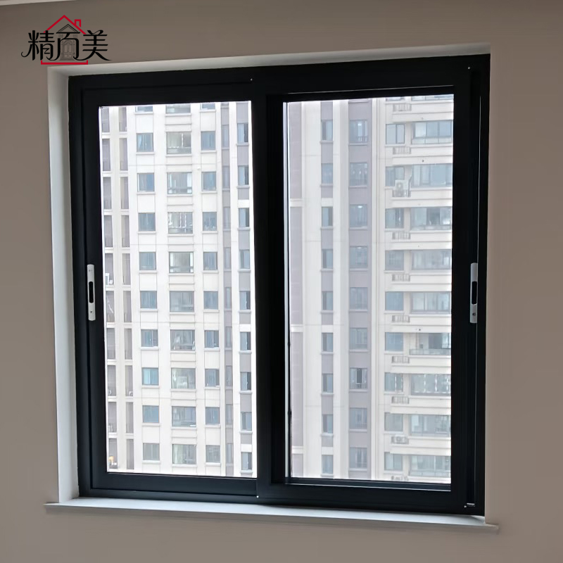 Matte Black Custom Size Aluminum Sliding Window With Drainage Track Smooth Sliding Rail Large Glass Sash For Balcony Apartment