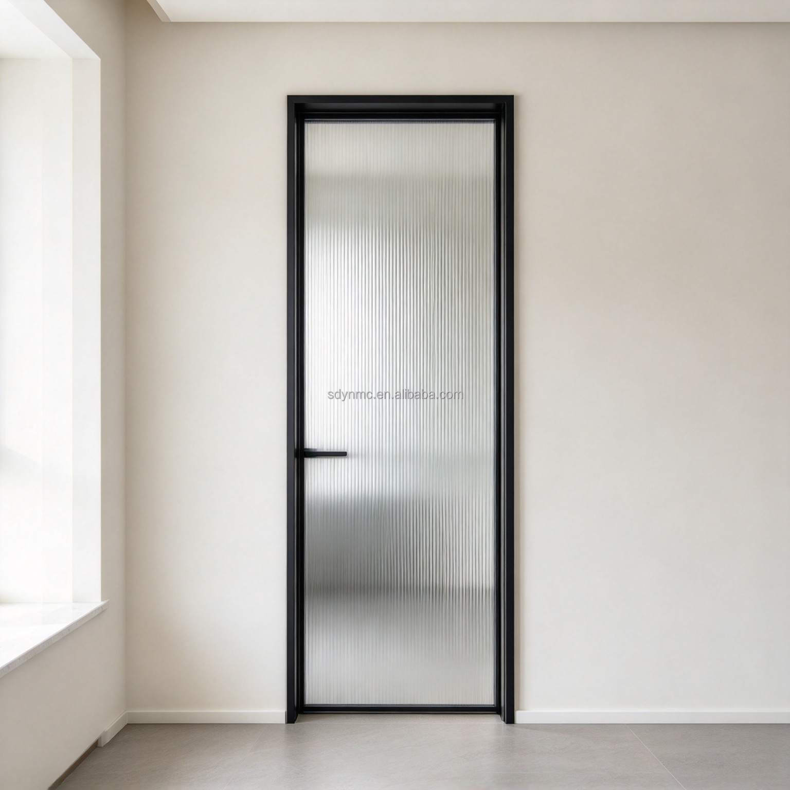 Aluminum Slim Frame Interior Single Swing Door, Tempered Fluted Glass Door for Bathroom Villa Interior Renovation