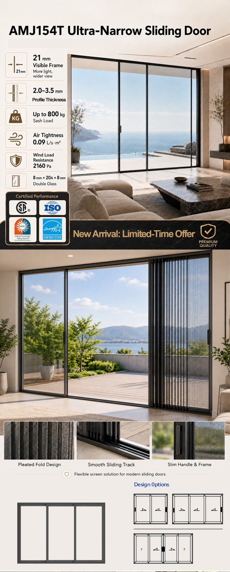 Amj Modern Glass Doors Sliding System Narrow Frame Aluminum Sliding Patio Doors With Folded Screen Mesh