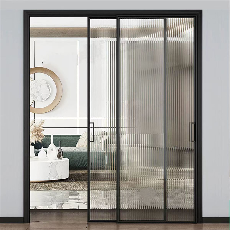 Factory Custom Three Linkage Sliding Door Aluminum Alloy Reeded Tempered Glass Indoor Partition Door For Kitchen Balcony Villa