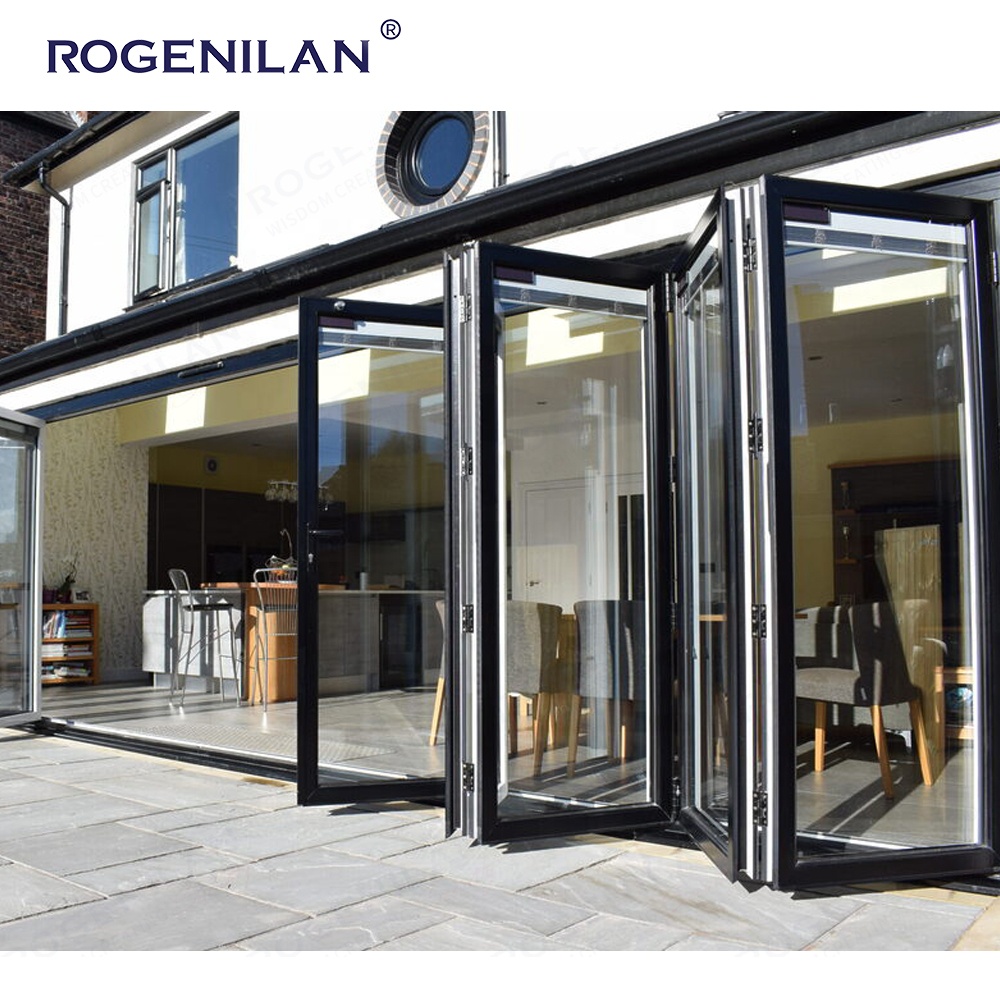 Rogenilan AS2047 CE Exterior Double Lowe Glass Aluminum Bi Folding Foldable Door Balcony Patio Bifold Accordion Doors