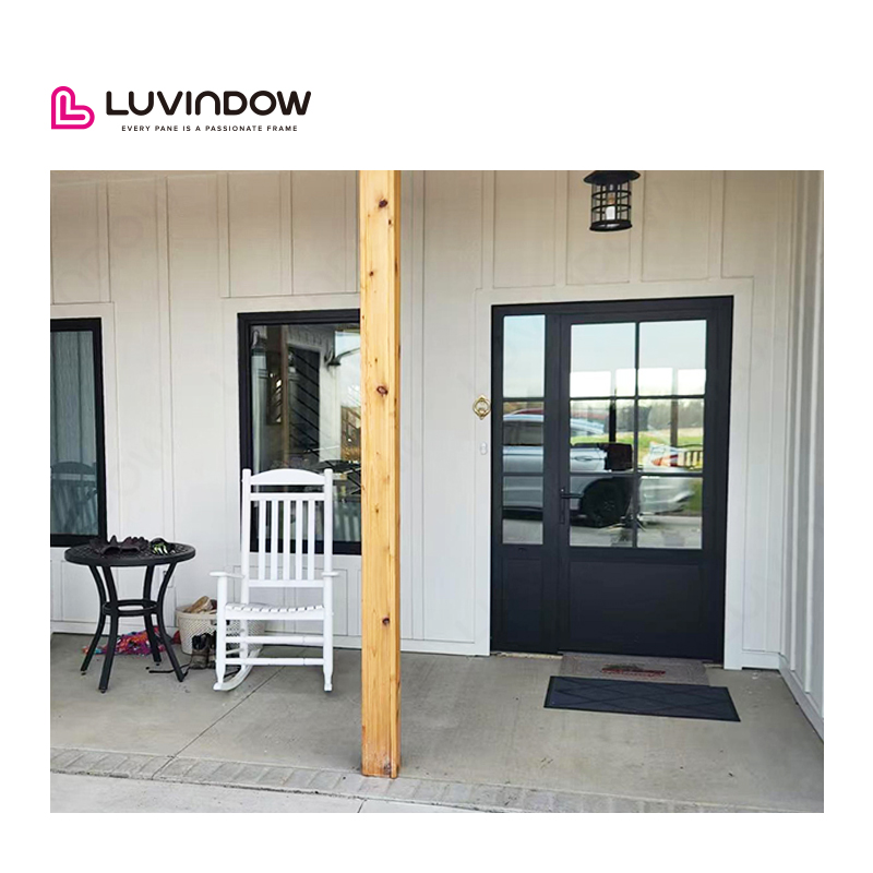 Luvindow Aluminum French Design Mother and Son Double Open Door Modern Front Hinged Main Entrance Door with Grille Design
