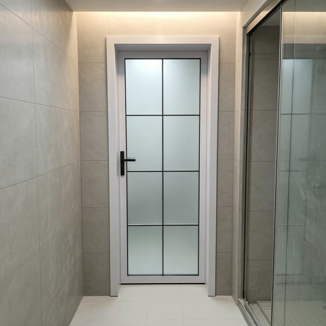 Custom Aluminum Framed Water Resistant Interior Swing Door Frosted Tempered Glass For Residential Commercial Space