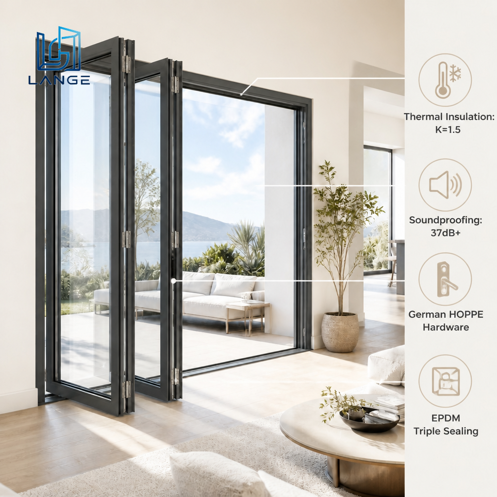 LANGE Aluminium Bifold Doors Slim Frame Full View Folding Glass Doors Windproof Energy Efficient for Villa