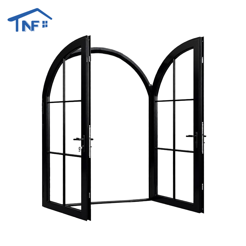 Arched Aluminum Frame Iron Design Entry Double Tempered Glass Exterior French Door Grill with Digital Lock