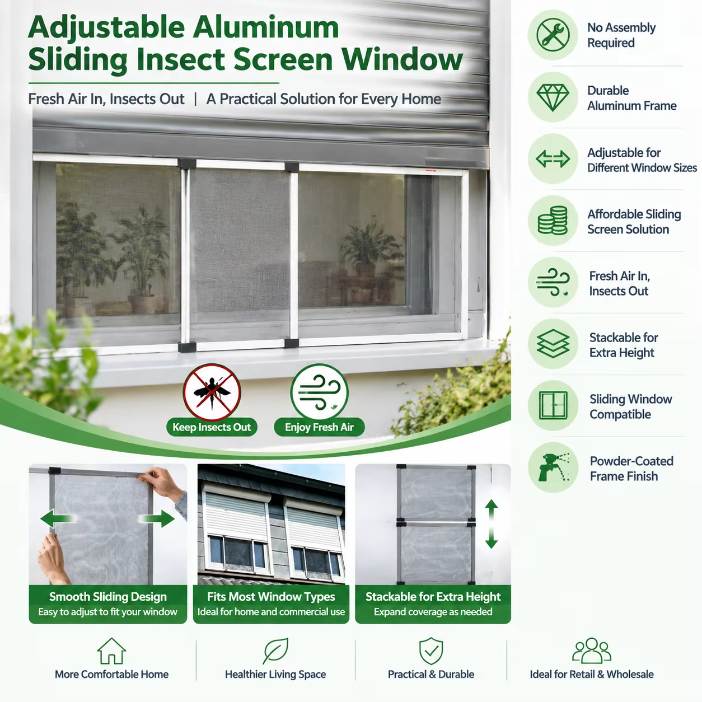 Aluminium Window Profile Extensible Sliding Insect Screen Mosquito Net Frame Durable Ventilation Customized Size Modern Home Use