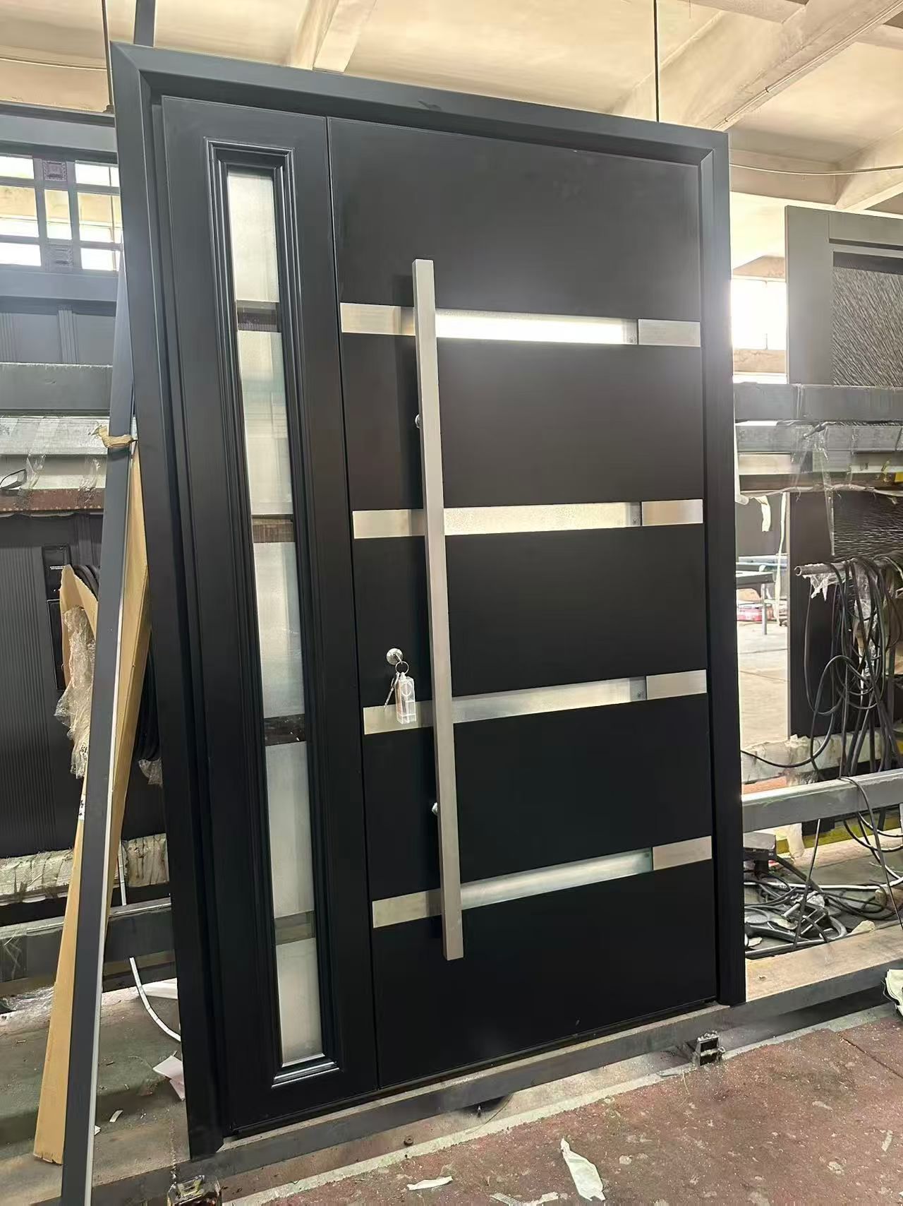 Modern Aluminum Door with Glass Inserts, Anti-Theft Security Exterior Door for Villa, Matte Grey Finish