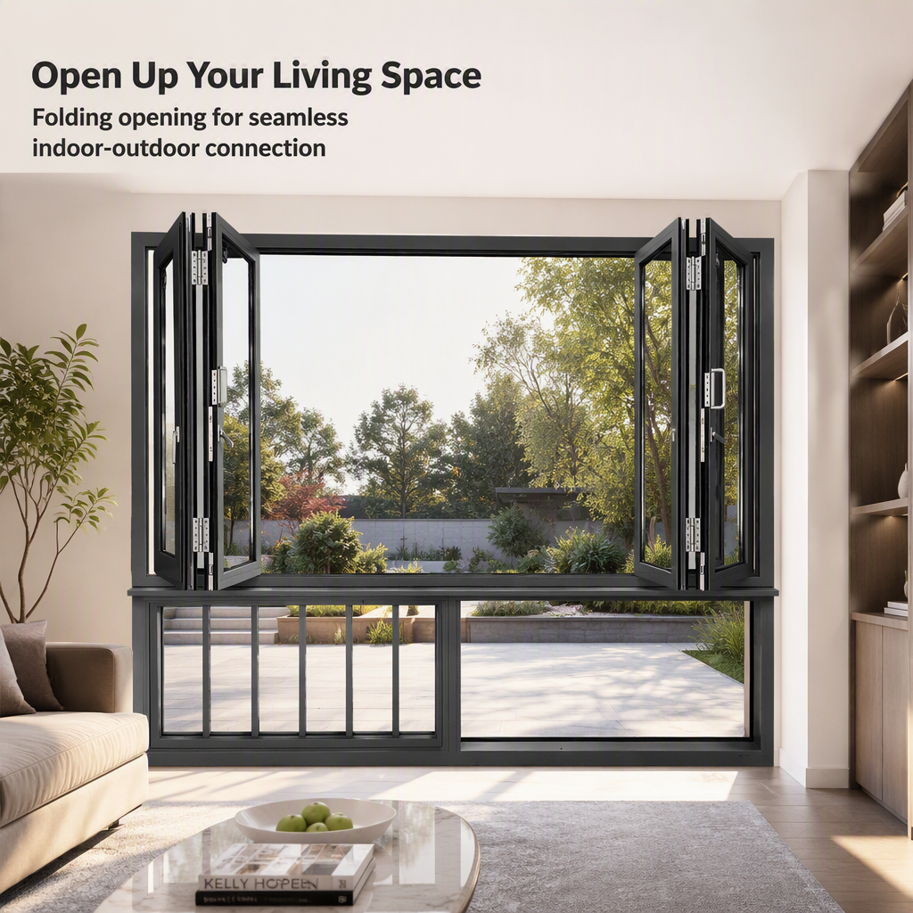 Low E Double Glass Aluminum Black Frame Bifold Windows NFRC Modern Exterior Garden American Bar Folding Window