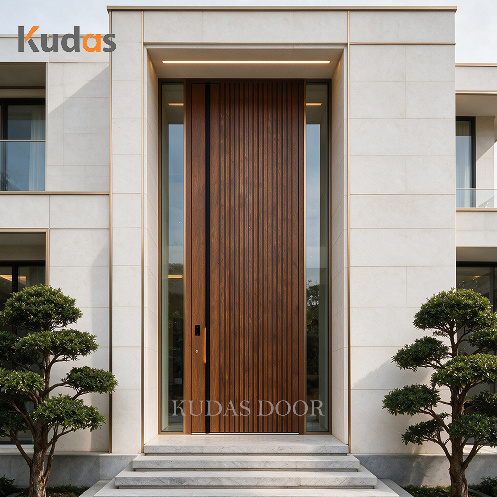 Luxury Extra Tall Vertical Fluted Walnut Cast Aluminum Front Entry Door Exterior Pivot Security Entrance Main Door for Villa
