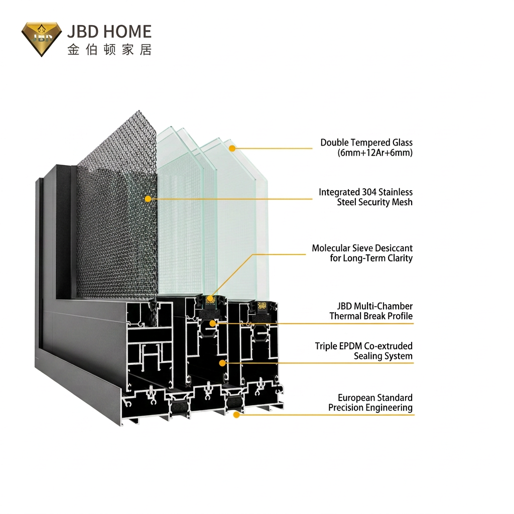 JBD Custom-made Modern Horizontal Sliding Folding Screen Double Tempered Glass Foshan Aluminum Alloy House Building Windows