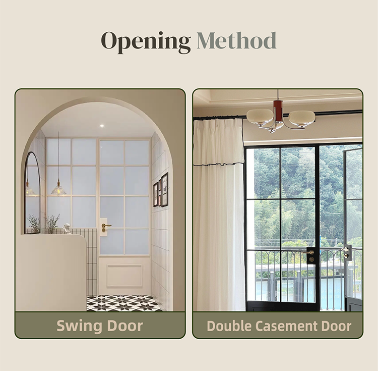 Thermal Break Black Aluminum French Casement Door Tempered Glass Grille Fiberglass Screen Interior Exterior Entry Door