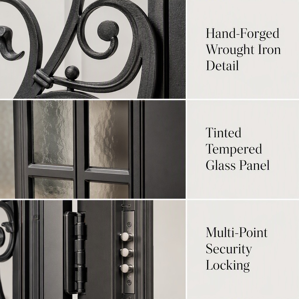 High Quality Custom Modern Hurricane Impact Wrought Iron Security Tinted Glass Entry Door for Residential Front