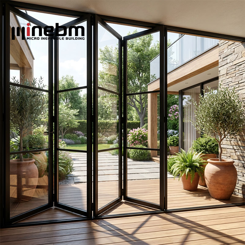 Modern Exterior Foldable Bi-Folding Glass Door with Aluminum Frame Waterproof Fiberglass Screen