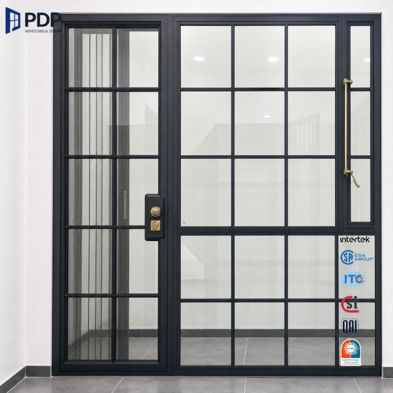 Thermal Break Black Aluminum French Casement Door Tempered Glass Grille Fiberglass Screen Interior Exterior Entry Door