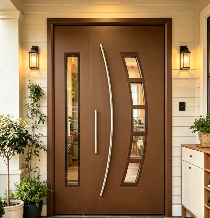 Modern Aluminum Door with Glass Inserts, Anti-Theft Security Exterior Door for Villa, Matte Grey Finish