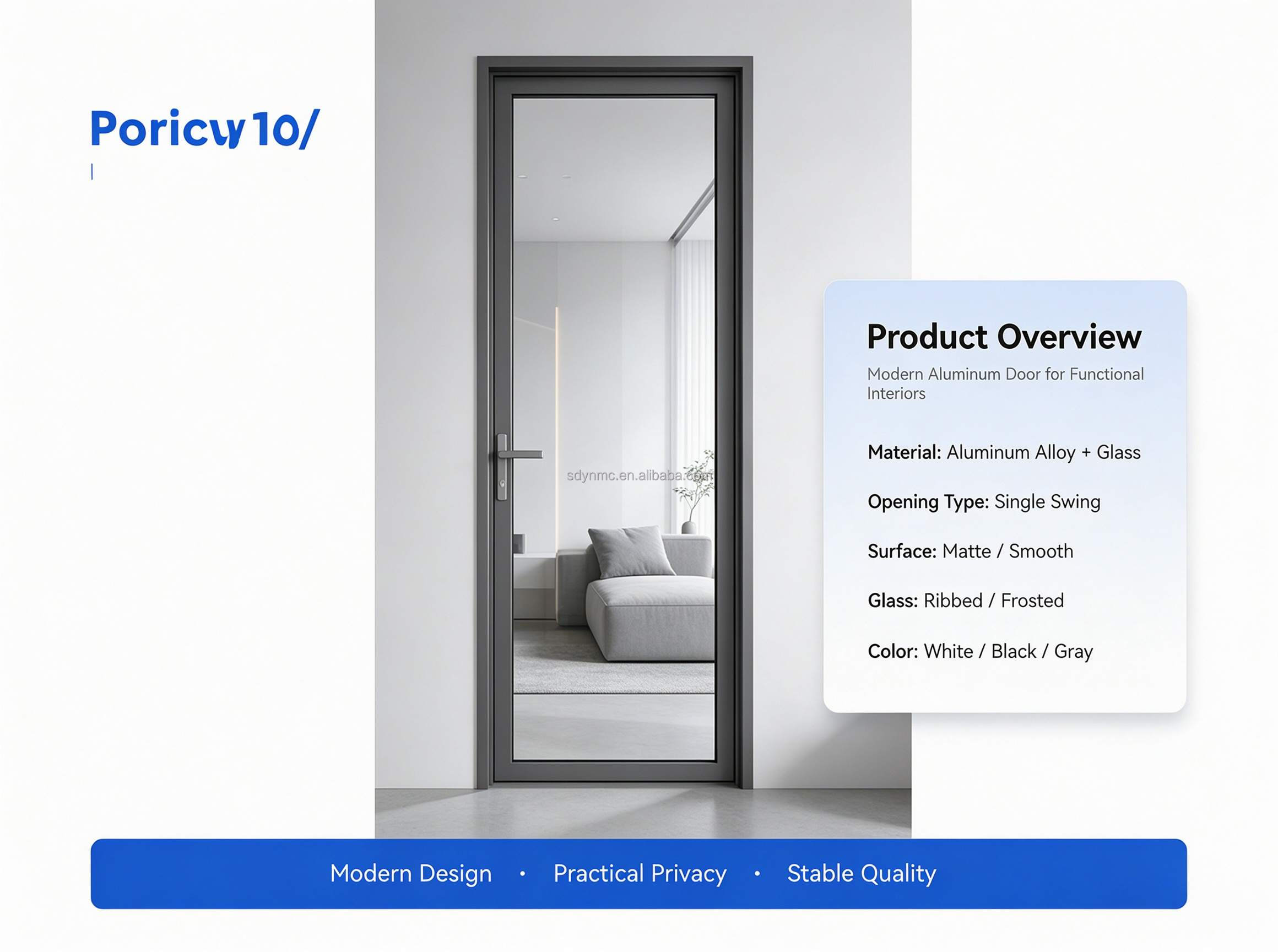 Aluminum Slim Frame Interior Single Swing Door, Tempered Fluted Glass Door for Bathroom Villa Interior Renovation