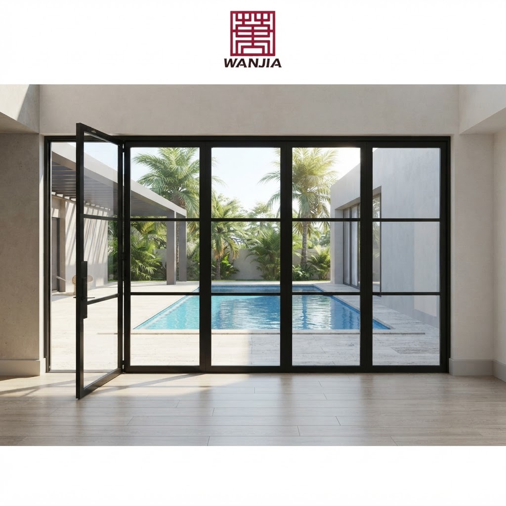 WANJIA Original Factory Double Glass Bifold Door CSA Certificated Partition Built-In Grill Design Aluminum Folding Doors