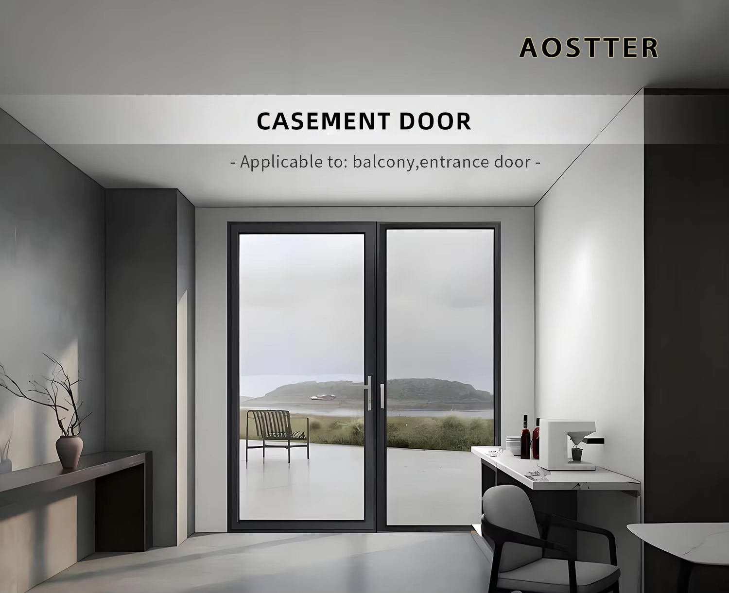 AOSTTER Manual Moisture Resistant Aluminum Casement Door Frosted Obscure Panel Sleek Handle for Farmhouse Elegant Bathroom Setup