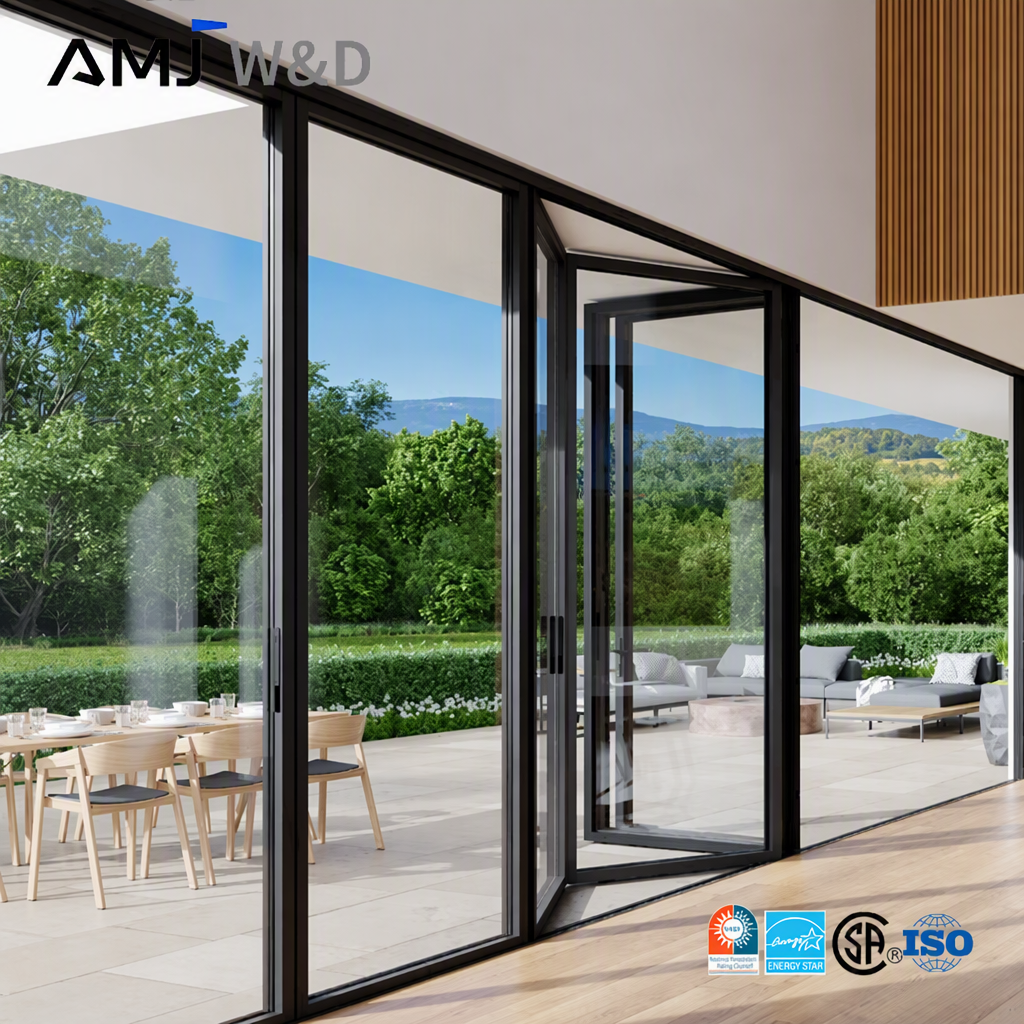 Large Modern Lockable Waterproof Accordion Sliding Aluminum Frame Bifold Folding Double Glass Patio Doors