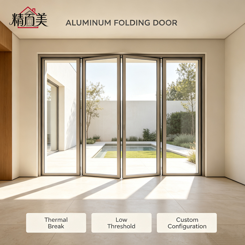 Custom Glass Options Multi Panel Aluminum Folding Door Champagne Frame for Dining Bakery Bistro Food Court Shop Front Entrance