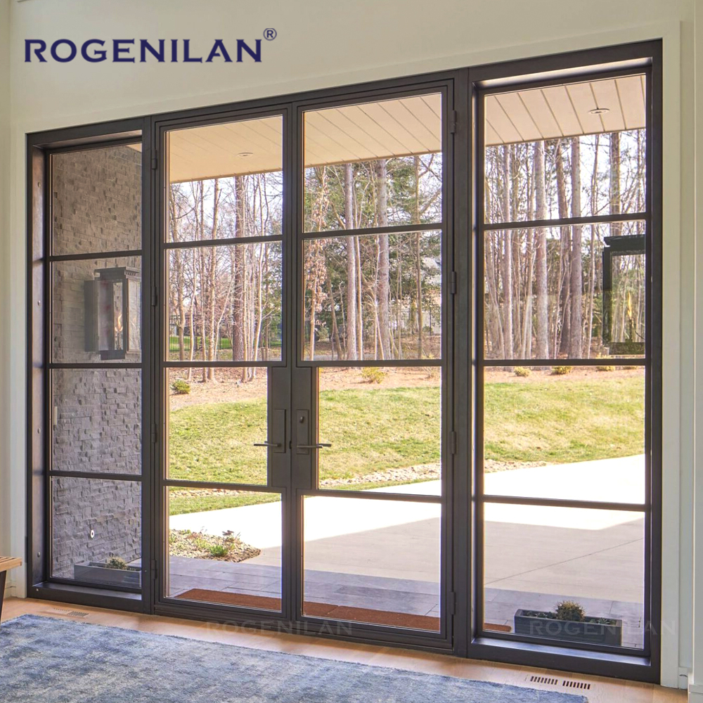 Rogenilan Custom Aluminum Crittal Double Door Waterproof Grill Vintage Tempered Glass Hinge Doors for House