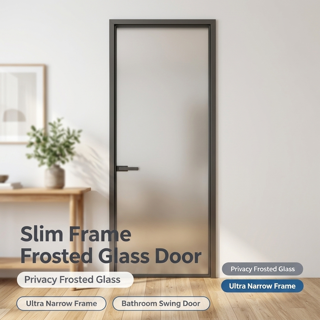 Aluminum Alloy Glass Flat Door with Minimalist Design Side Opening for Interior Use in Bathroom and Laundry